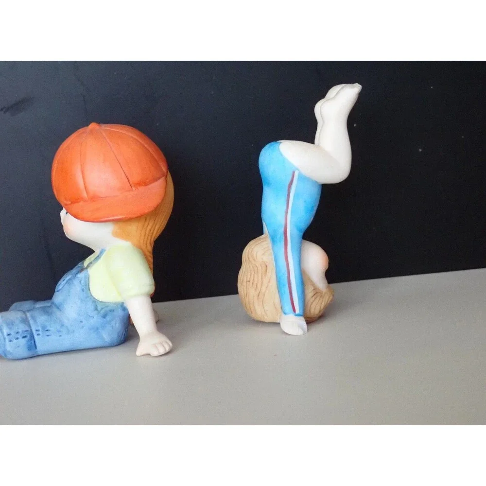 ENESCO Boy & Girl Playing Porcelain Figurine Bisque Set of 2 Vintage 1981 & 1983